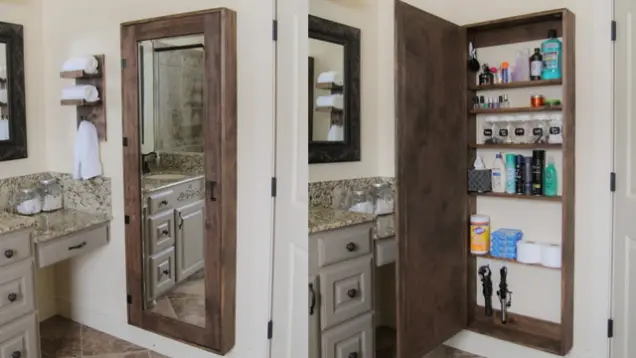 build a storage cabinet behind your bathroom mirror