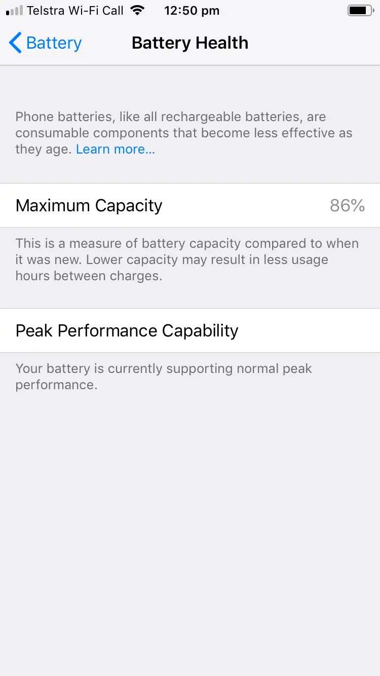 iPhone 6 Battery Health Screen