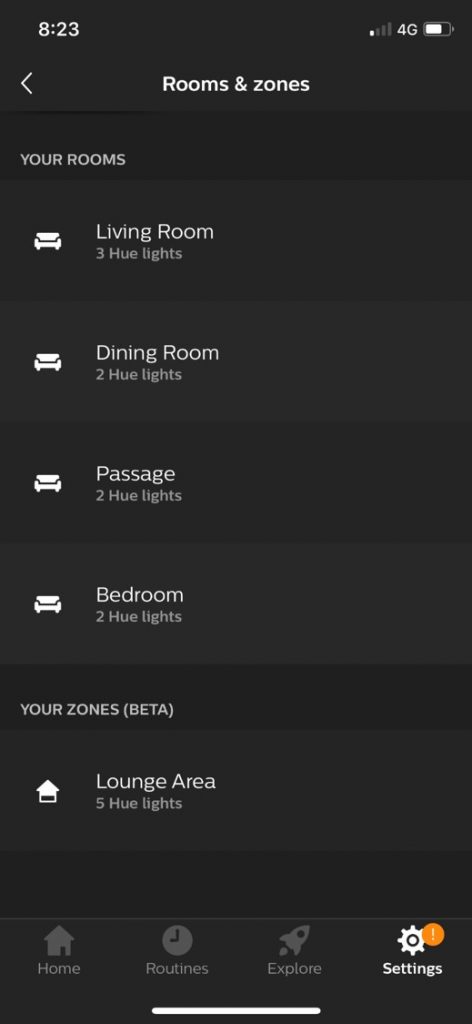 Philips Hue App Rooms and Zones