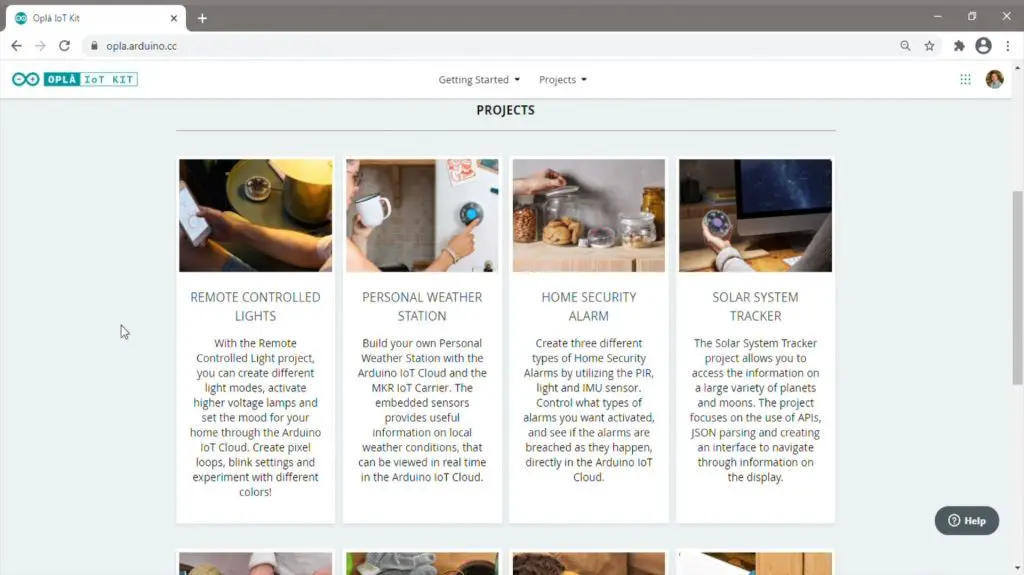 Opla IoT Website, 8 Included Projects