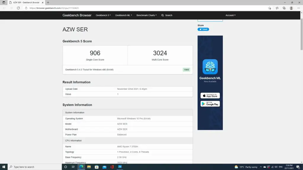Geekbench CPU Benchmark Results for SER 3