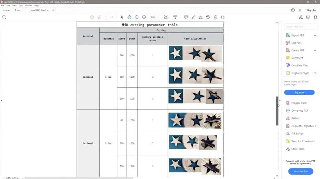 Example Cutting Parameters