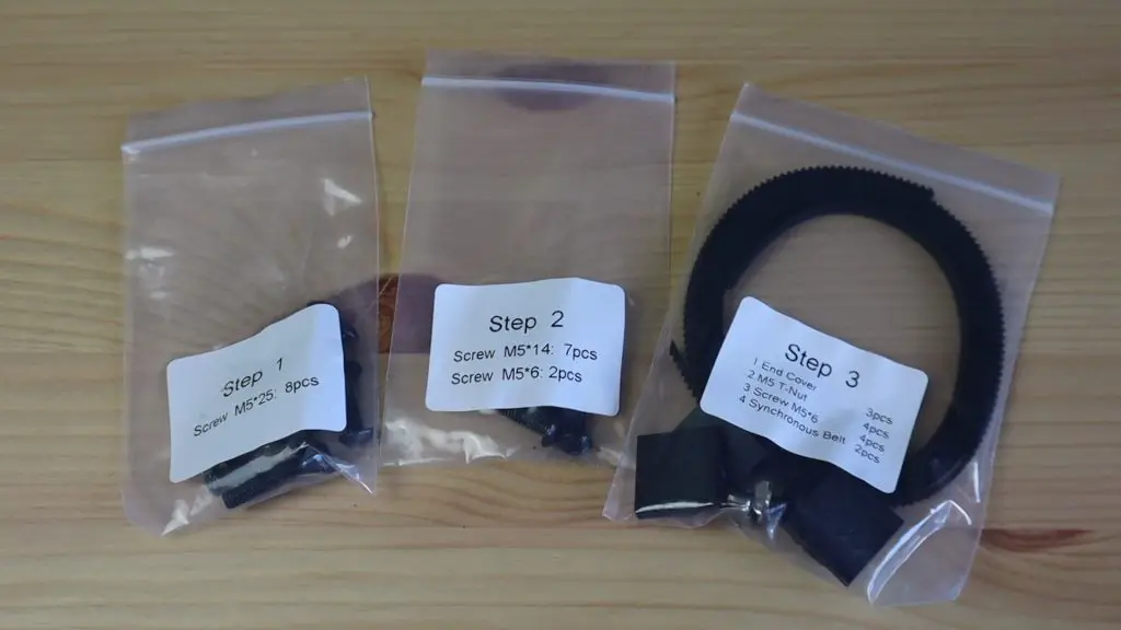 Screws and Components Packaged Into Step by Step Bags