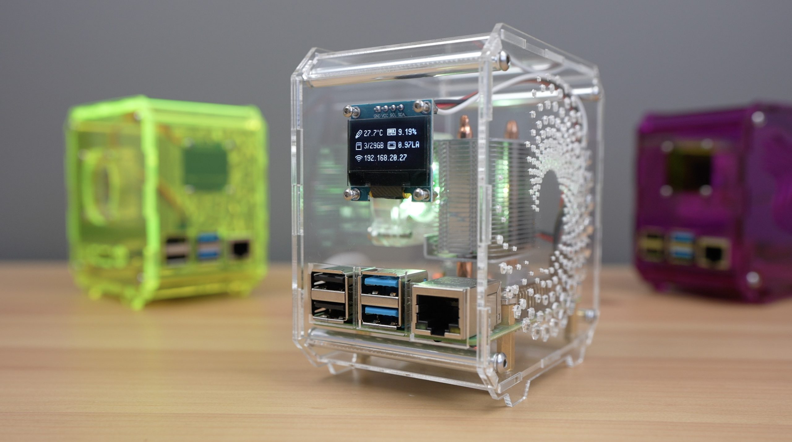 Clear Raspberry Pi Cases Running OLED Stats Script