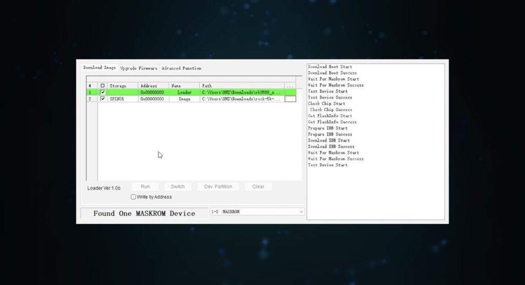 Running RKDevTool to Reflash Boot Loader